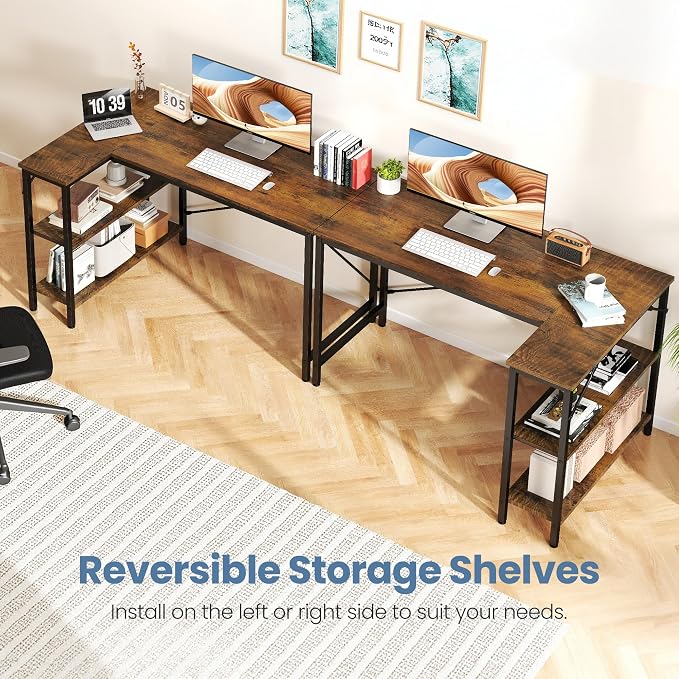 DUMOS 39" L Shaped Computer Desk, Gaming Corner Desks with Storage Shelves | Home Office Working Desk, Writing Study PC Desk with Reversible Layout, Bedroom Dorm, Rustic Brown