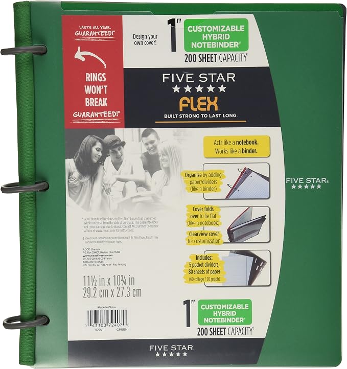 Five Star Flex Hybrid NoteBinder, 1 Inch Binder with Tabs, Notebook and 3 Ring Binder All-in-One, Green (72407)