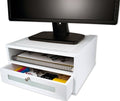 Victor Monitor Riser with Drawer and Storage Shelf - Wood Monitor Stand Desk Organizer with Faux Leather Top, Organize Office Supplies, 13 x 13 x 6.5-Inches, Pure White