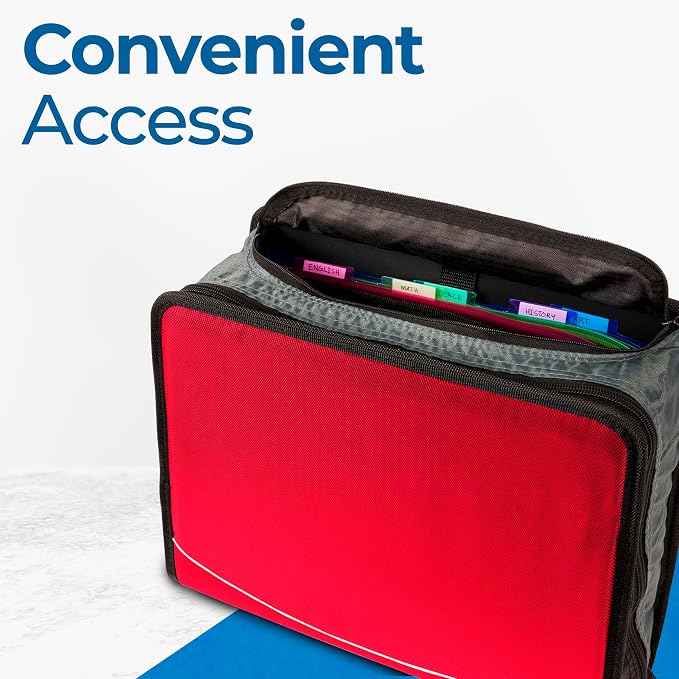 Case-it Zipper Binder | 3-Inch O-Rings | 600-Sheet | D-146 Fire Engine Red | Mighty Zip Tab, 5-Color Tab Expanding File Folder, Multiple Pockets, Shoulder Strap, 6-Pack, School & Office