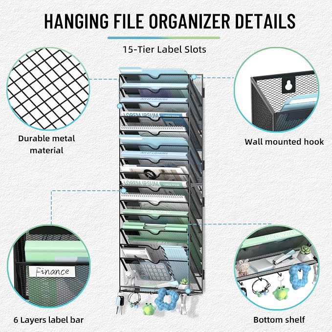 15-Tier Wall File Organizer with 5 Hooks, Wall Mounted Mail Organizer | File Holder Organizer, Metal Mesh Office Wall Organizer for Home, School & Classroom