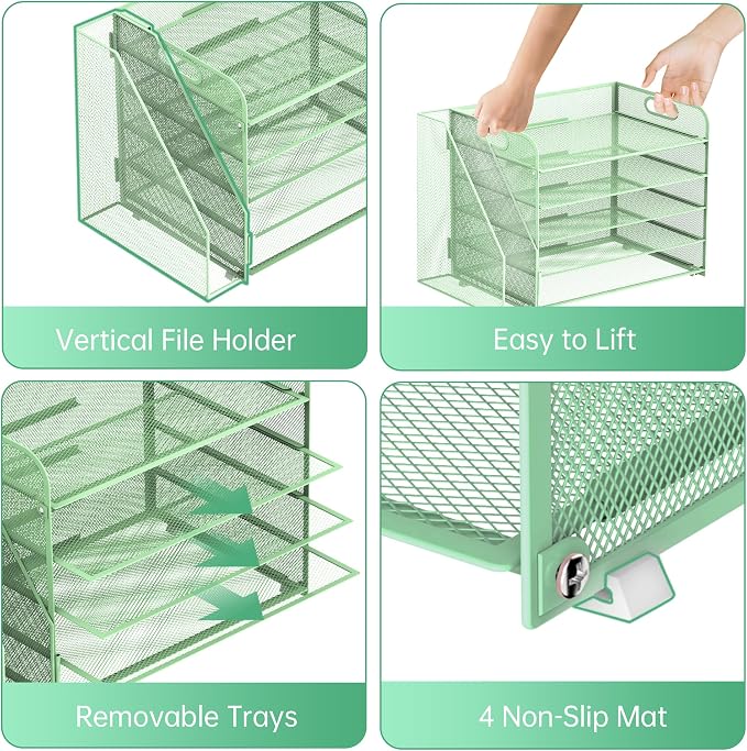5-Tier Desk Organizer with File Holder, Paper Organizer, Mint Green | 5 Letter Trays and Vertical File Holder with Metal Mesh Frame for Papers Folders Books and Mail in Office Home or School
