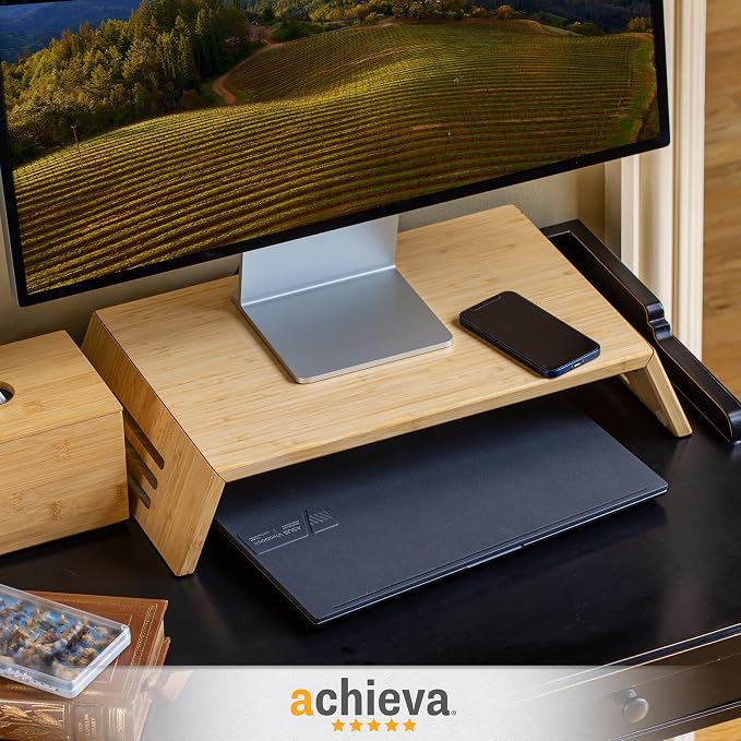 Achieva Monitor Stand - Bamboo Monitor Riser with Under-Desk Storage, 17.56" x 12.44" x 2.64", Natural Finish