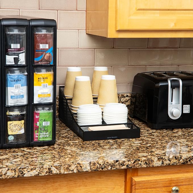 Mind Reader Countertop Organizer, Office Breakroom Supply Caddy for Cups Lids Stirrers and Condiments, Metal Mesh, Black