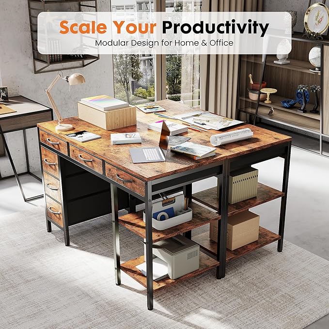 Sweetcrispy 47" Computer Desk with 6 Fabric Drawers & Storage Shelves | Reversible Gaming Desk, Office Desk, Computer Workstation, Corner Desk with Storage, Home Office, Living Room,Rustic Brown