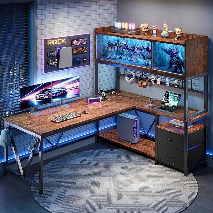 L Shaped Gaming Desk with Drawers, Corner Computer Desk with LED Tempered Glass Display Cabinet, Shaped L Office Desk with Charging Station and Fabric Drawer, PC Desk for Gaming and Office, Brown