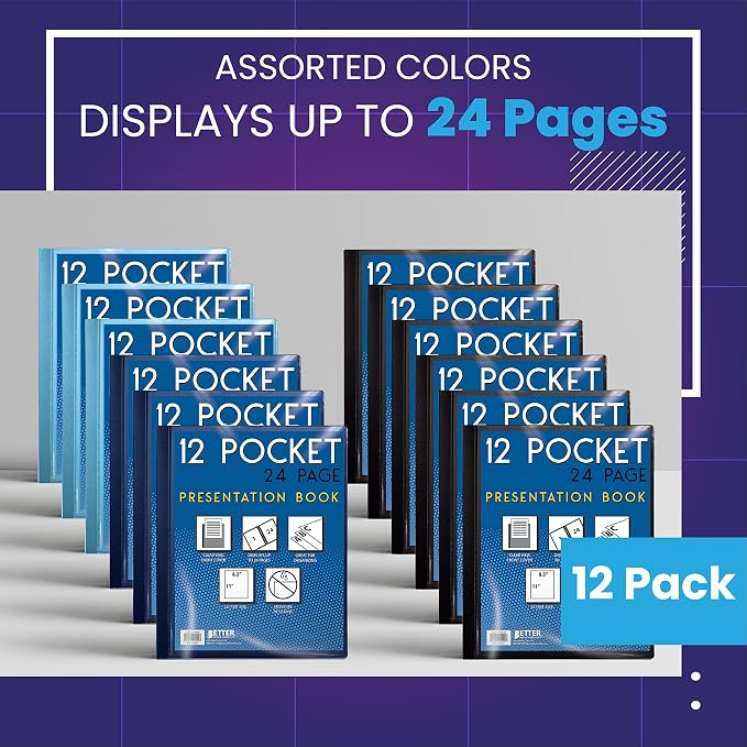 Better Office Products 12 Pocket Bound Presentation Book, Assorted Colors, Clear View Front Cover, 24 Sheet Protector Pages, 8.5" x 11" Sheets, Art Portfolio, Poly Covers, Letter Size (12 Pack)