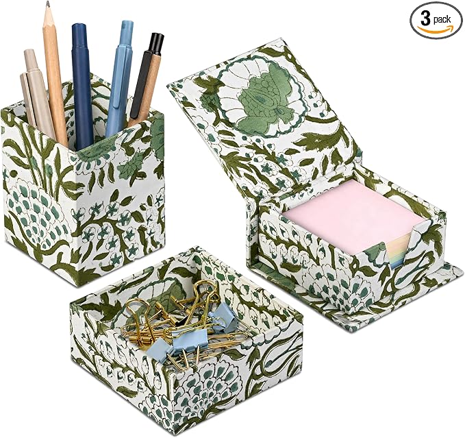 CPC Agate Green Block Print Set of 3 Desk Organizer Pen And Sticky Note Holder Cute, Aesthetic, Decor accessories, workspace organizers, Caddy Storage, Gift for Office, Professionals, Student