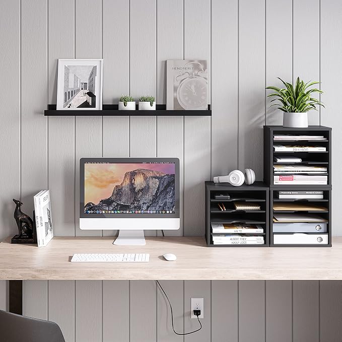Ballucci 5-Tier File Organizer for Desk, Wooden Mail Sorter, Office Desk Organization, Paper Storage Organizers, Folder holder for desk, Letter Trays & Stacking Supports, Adjustable Shelves, Black
