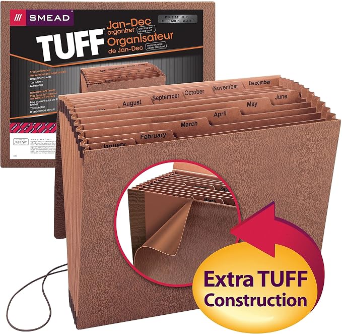 Smead TUFF Expanding File, 12 Pockets, Monthly (Jan.-Dec.), Flap and Cord Closure, Letter Size, Redrope (70388)