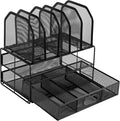 Amazon Basics Mesh Desk Organizer with Sliding Drawer, Double Tray and 5 Upright Sections, File Holder for Office Supplies, Paper Letter Tray, Black