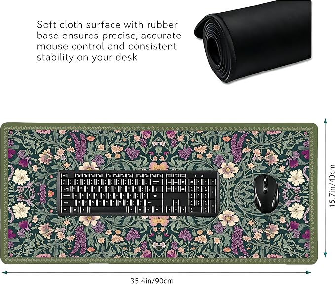 Cute Floral Aesthetic Lavender Gaming Mouse Pad, Dark Green Rug Desk Mat with Anti-Slip Base & Stitched Edges,35.4" x 15.7" in Table Mat for Computer Desktop, Beautiful Workstation Decor