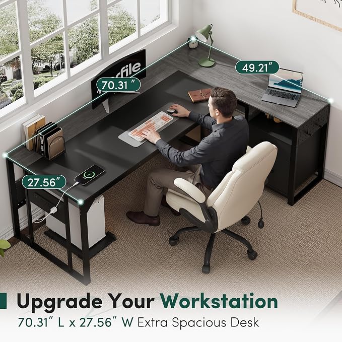 MALOL 70.3" Reversible L-Shaped Office Desk with Power Outlet Computer Desk | Large Executive Desk with Locked File Drawers & Storage Shelves, Pegboard, Mobile CPU Stand, Modern Corner Desk, Grey