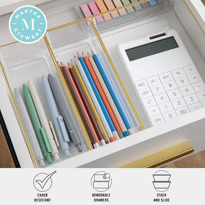 Martha Stewart Kerry Stackable Desk Drawer Organizers, Clear/Gold, 5-Pack | Various Sizes, Gold Trim, Stackable