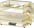 5-Tier Paper Organizer for Desk with Pen Holders, Letter Trays, Gold | Metal Mesh Desktop File Organizer with Removable Trays and 2 Handles for Paper, Files, Mail, Folders in Office Home or School