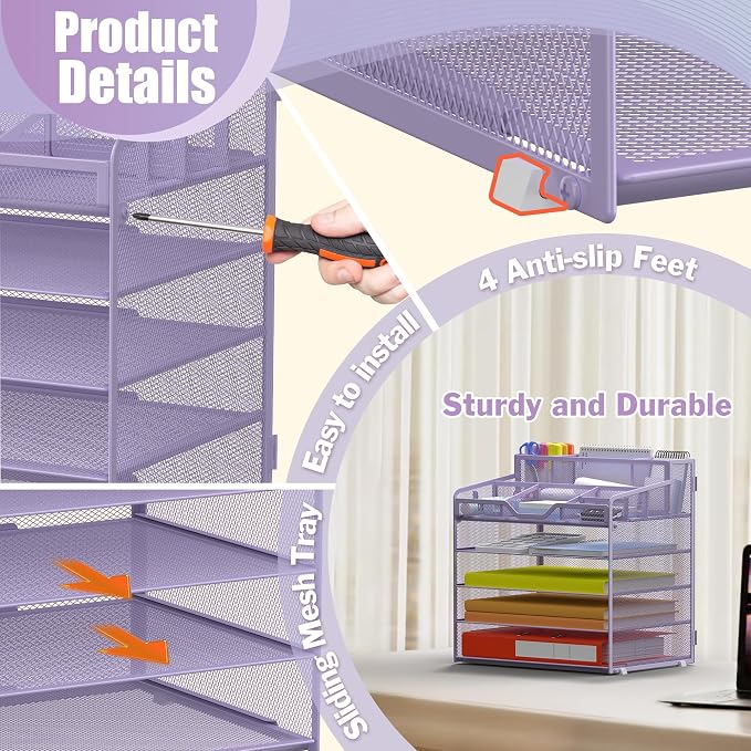 Docnest 5 Tier Mesh Desk Organizer with Letter Tray & Paper Sorter, Purple | Features 3 built-in pen holders & 5 adjustable compartments on top. Includes 4 non-slip rubber feet for desk protection