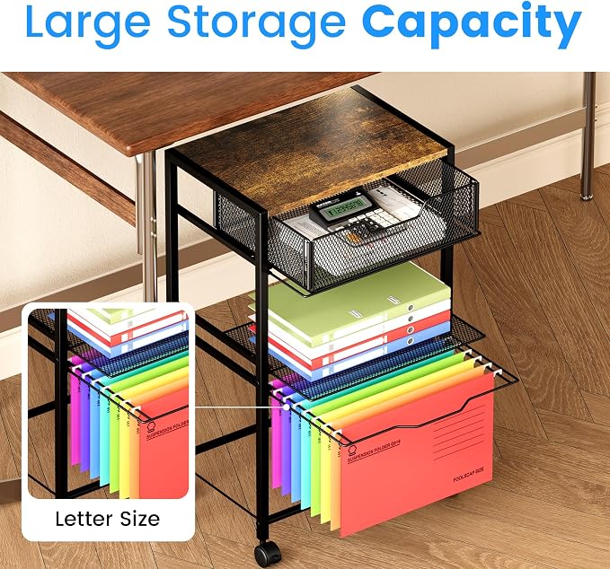 Cawukege 3 Tier Printer Stand, Small Mobile Table with Wheels, Printer Shelf Rolling Cart with Storage Desk Organizer Hanging File for Office Home, Brown