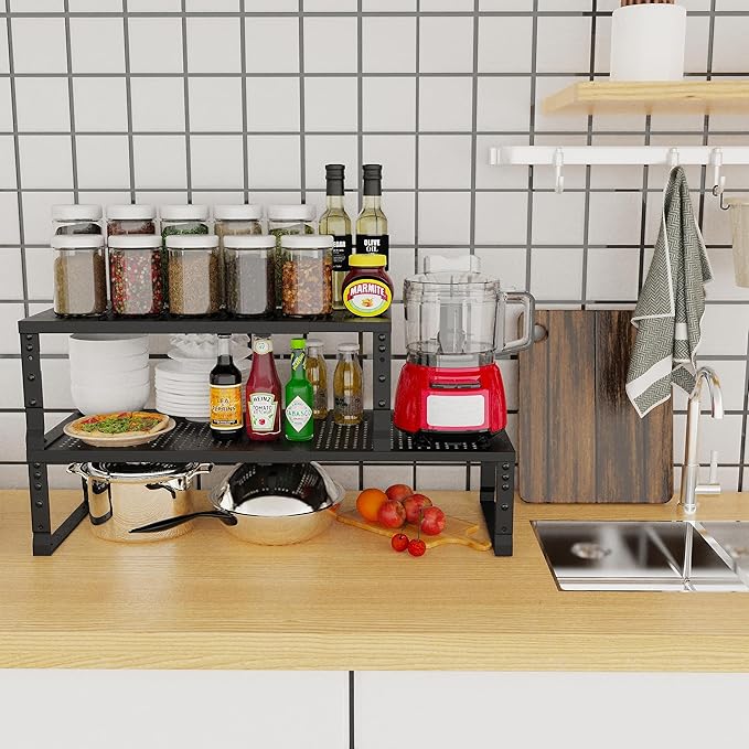 Jojocross Expandable Adjustable Stackable Kitchen Organizer, Spice Rack,Metal Pantry Storage Shelves Racks,Counter Shelf for Cabinets, Countertop, Cupboard(2 Packs/Medium/Black)