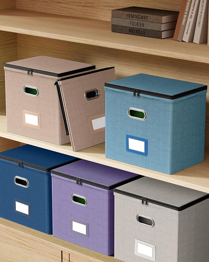 Oterri File Box Small 2-Pack Mesh Pockets Hanging Organizer for Letter-Size | Dustproof Lid. 3 Mesh Pockets. Collapsible Scratch-Resistant GRS Linen. Slide Rails. Office, Home, Dorm