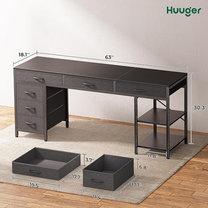 Huuger Computer Desk with 6 Drawers, Office Desk with Shelves, Reversible Gaming Desk, Corner Desk with Storage, Work for Home Office, Study, Living Room, 63inch, Black