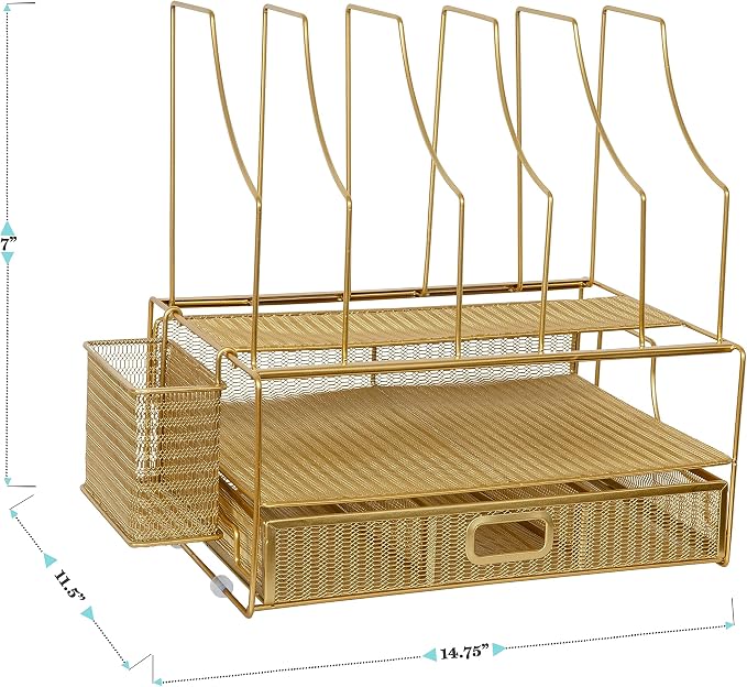 Martha Stewart Ryder Mesh Metal Desktop Organizer with Drawer, Gold | Steel Mesh, Gold Finish