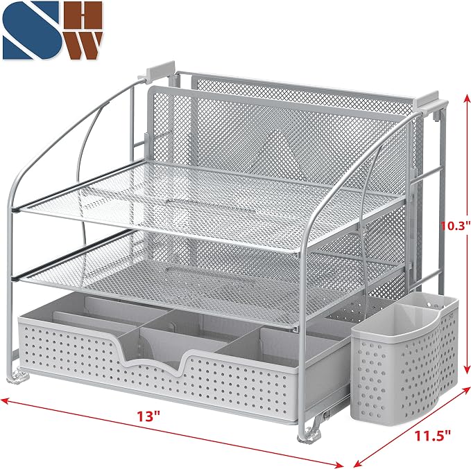 Simple Houseware 3-Tier Desk Organizer with Sliding Drawer, Silver | Hanging File Holder and Pen Holder Accessory