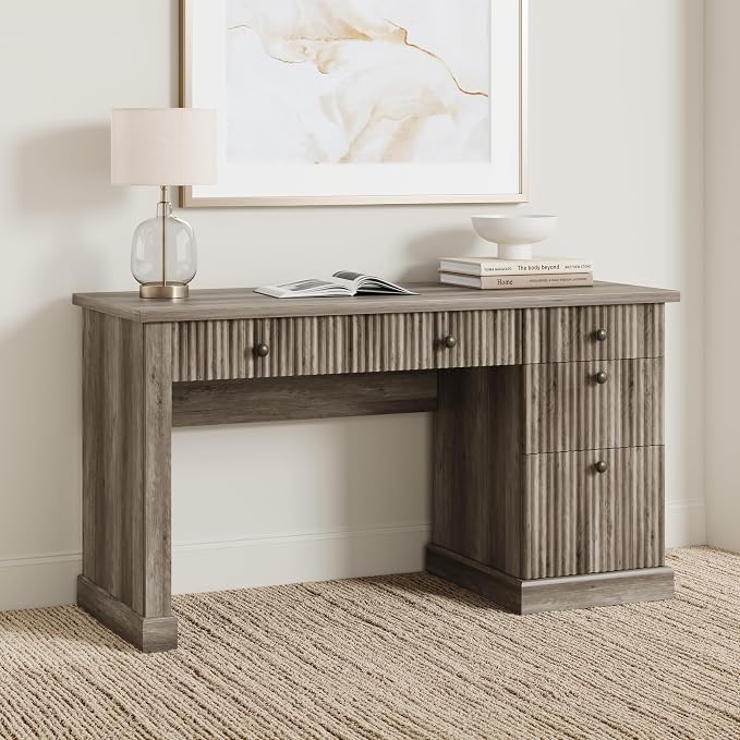 IDEALHOUSE Modern 54" Executive Office Desk with Fluted Details & Charging Station - Wooden Computer Desk with File Drawers, Home Office Storage Desk for Study, Living Room or Bedroom, Rustic Gray