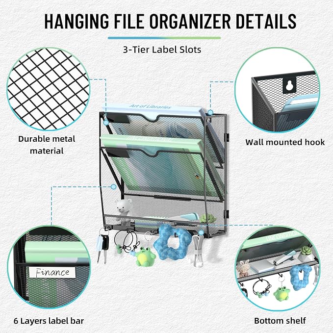 3-Tier Wall File Organizer with 5 Hooks, Wall Mounted Mail Organizer | File Holder Organizer, Metal Mesh Office Wall Organizer for Home, School & Classroom