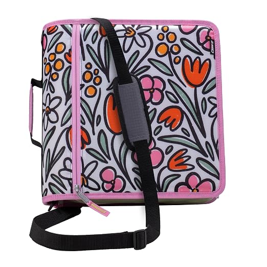 Case-it School Zipper Binder | 3" O-Rings | 600-Sheet | D-146 Fun Flowers | Mighty Zip Tab, 5-Subject Expanding File Folder, Multiple Pockets, Storage Organizer, Shoulder Strap, Office