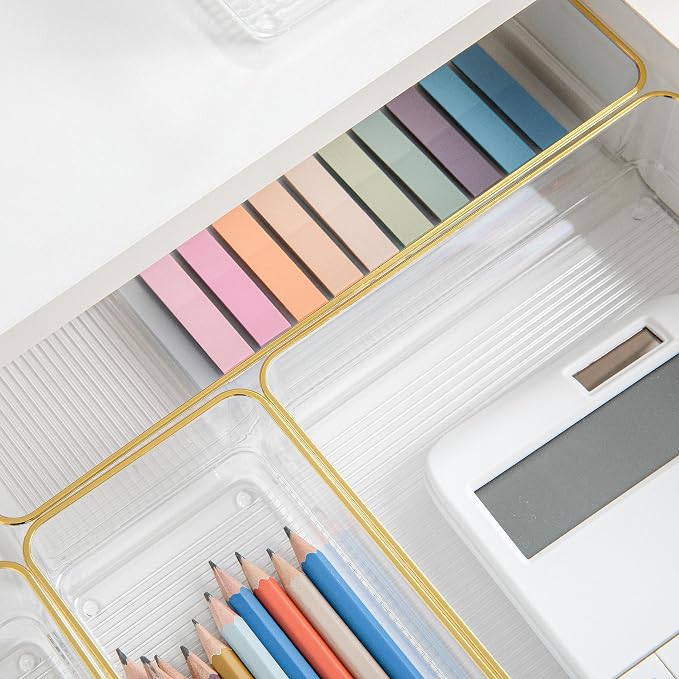 Martha Stewart Kerry Stackable Desk Drawer Organizers, Clear/Gold, 5-Pack | Various Sizes, Gold Trim, Stackable