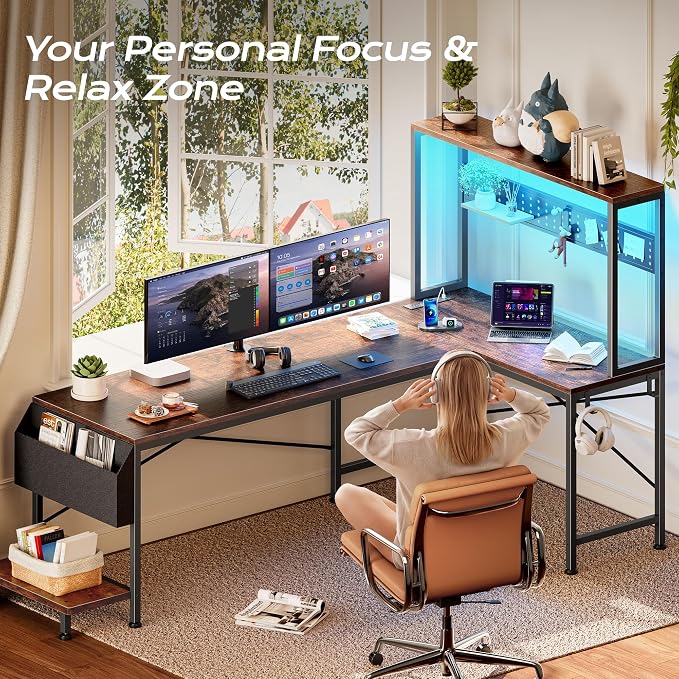 L Shaped Gaming Desk with LED Lights & Power Outlets | Reversible Computer Desk with Storage Shelves & Bag, Large Corner Home Office Desk for Work from Home, Rustic Brown