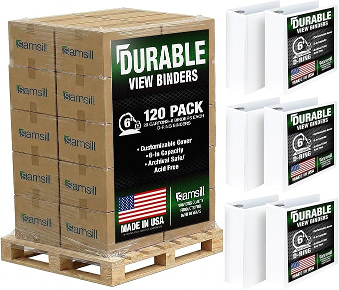 Samsill Durable 6 inch 3 Ring Binder, Locking D Ring 100% Recycled Chipboard, White, Pallet of 120 Binders in 20 Cartons