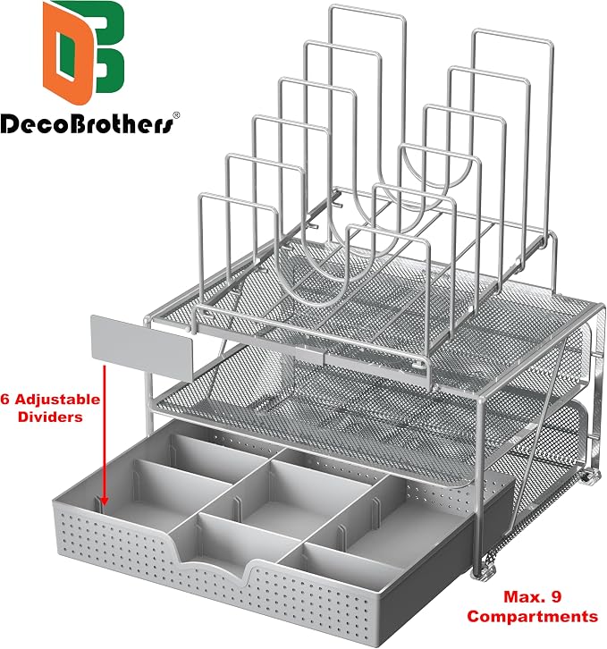 Deco Brothers Desktop File Organizer with Double Tray & 5 Folder Stand Gray | Sliding Drawer with Adjustable Dividers