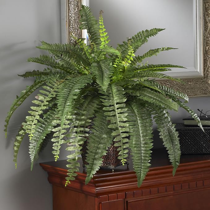Nearly Natural 23 in Artificial Boston Fern with Wicker Basket | Lush Green Leaves with Twigs, Decorative Wood Wicker Basket, Ideal for Home or Office Decor