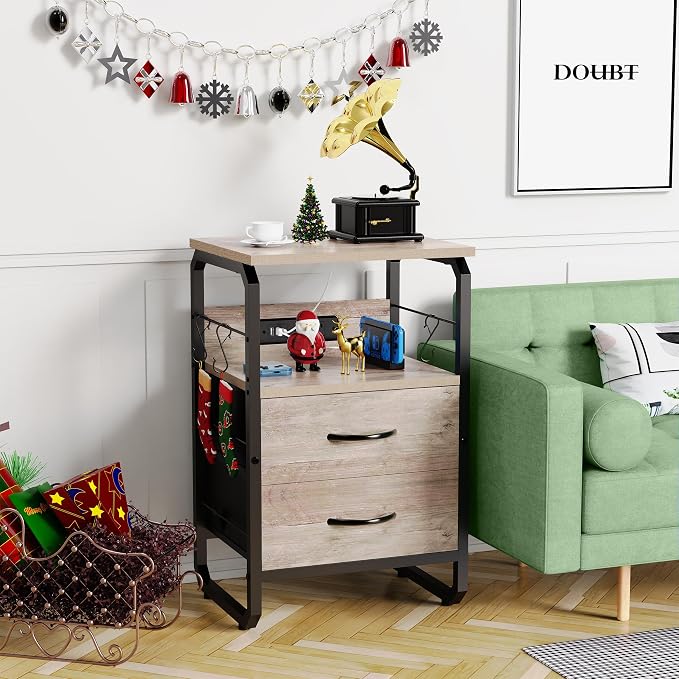 runjuly Small End Table with Charging Station and Hooks, Greige | 2 Fabric Drawers Storage, Type C & USB Ports & Power Outlets, Farmhouse Style, Metal Nightstand for Living Room / Bedroom