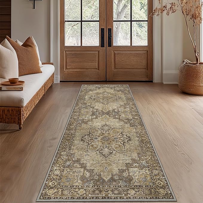 GENIMO 2x8 Runner Rugs for Hallway, Machine Washable Non Slip Vintage Rugs, Low Pile Lightweight Soft Print Rug for enrtyway, Corridor, Home Office, Kitchen, Rustic Brown