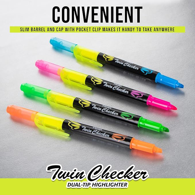 Pentel Twin Checker Dual-tip Highlighter, Chisel Tip, Yellow/Orange Ink, Pack of 12 (SLW8-GF)