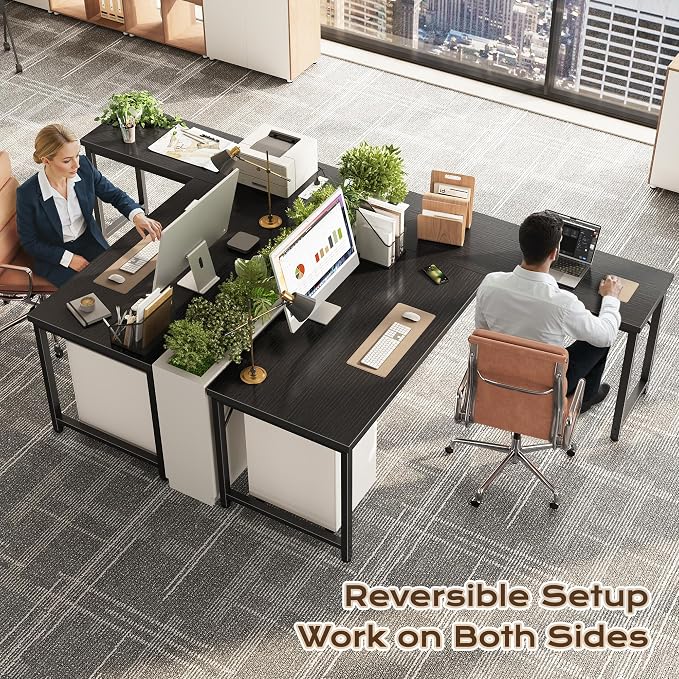 Huuger 55 Inch L Shaped Desk with Power Outlets & 0.95 Inch Thicker Desktop | Reversible Computer Desk, Larger Office Corner Gaming Desk, Metal Frame, for Home Office, Study, Black