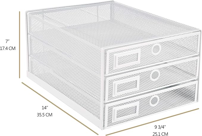 Annova Desk Organizer Wire Mesh 3 Tier Sliding Drawers Paper Sorter/Multifunctional/Premium Solid Construction for Letters, Documents, Mail, Files, Paper, Kids' Art Supplies (White)