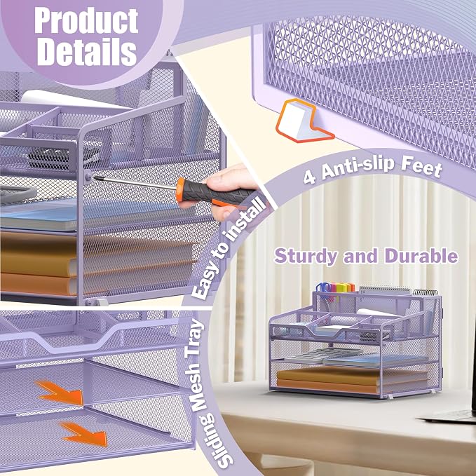 Docnest 3 Tier Mesh Desk Organizer with Letter Tray & Paper Sorter, Purple | Features 3 built-in pen holders & 5 adjustable compartments on top. Includes 4 non-slip rubber feet for desk protection
