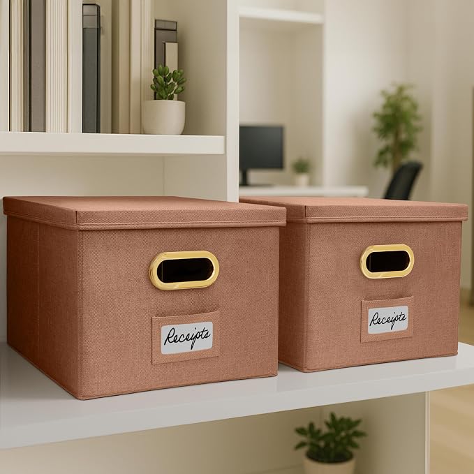 Decorative File Organizer Box Set of 2 - Collapsible Linen Filing Cabinets | Stores Documents and Hanging File Folders - Portable Office Crates with Lid and Handles for Easy Slide Access