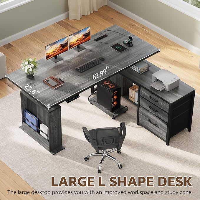 63'' L Shaped Desk with 3 Drawers Electric Standing Desks Grey | with Storage Computer Desk Adjustable Height with Power Outlets 4 Memory Presets for Home Office