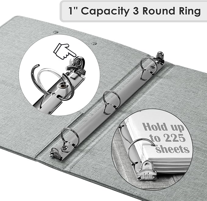 EYROZILL 3 Ring Binder, 1 Inch Linen Binder Organizer for Letter Size (8.5" x 11") with 5 Tab Dividers, File Folder Labels and Low Profile Clipboards, School and Office Supplies- Grey Rose