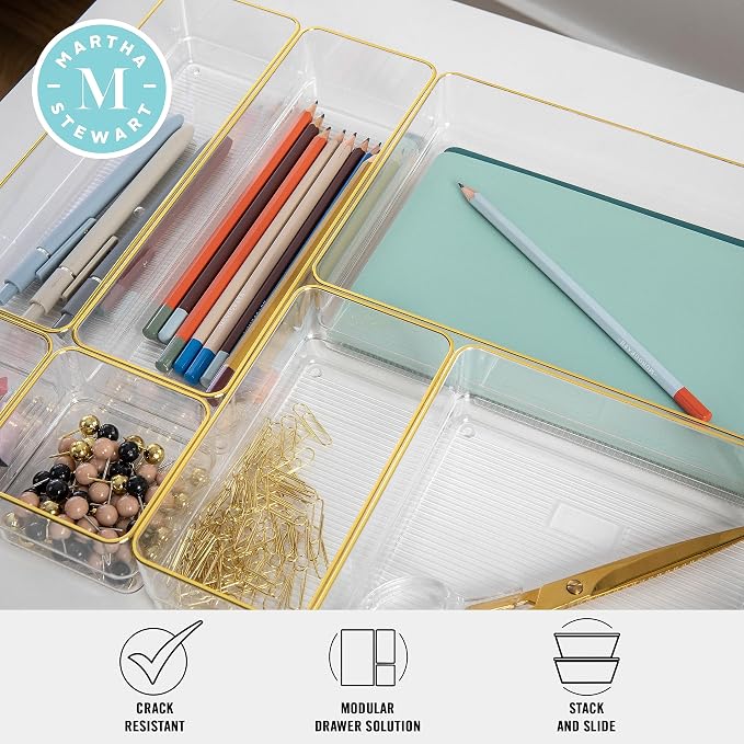 Martha Stewart Kerry Stackable Desk Drawer Organizers, Clear/Gold, 8-Pack | Various Sizes, Gold Trim, Stackable