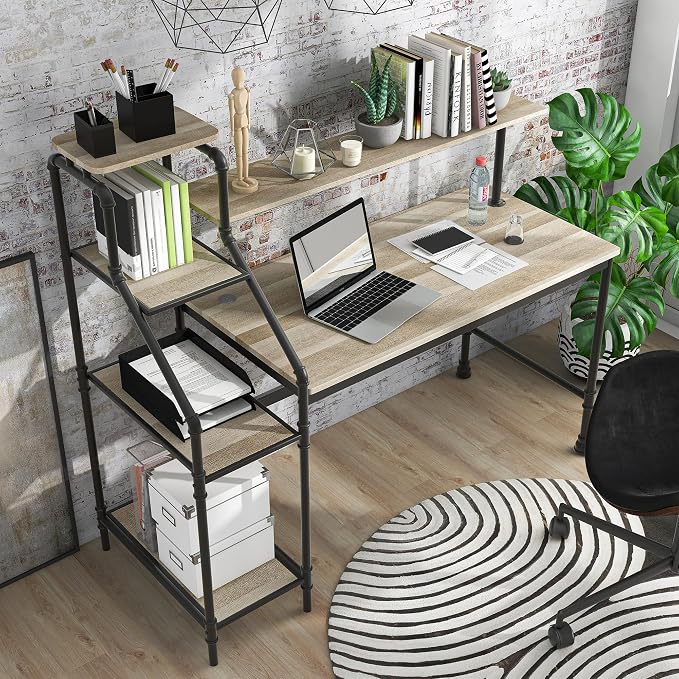 Antwonette Industrial Metal Office Desk with Reversible 3-Shelf Bookcase, LED Light, USB Port for Workstation, Home Office, Study Room, Light Oak Brown and Black
