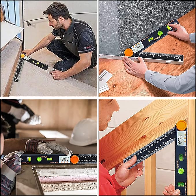 Rainyb Digital Angle Finder Tool 7inch 0-360 degree LED Digital Protractor with Horizontal Vertical Bubble Levels and Ruler Meter Accurate Tools for Carpenters,Woodworkers,Fabricators