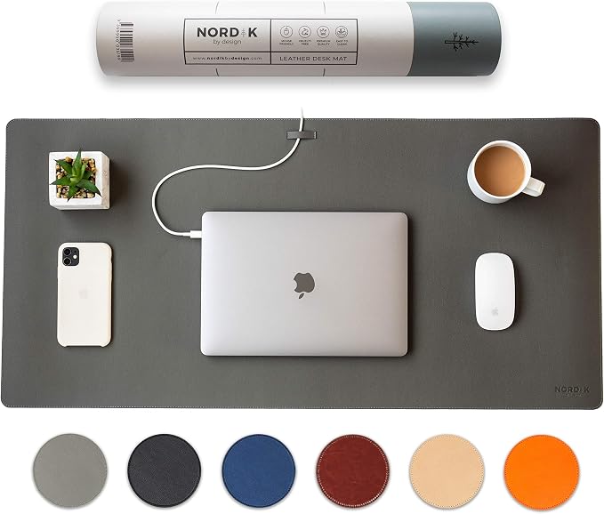 Nordik Leather Desk Mat - Alaskan Gray - Large Leather Desk Pad (35x17 in) | Premium Vegan Leather Desk Pad with Cable Organizer, Giftable, Extended Waterproof Mouse Mat, Non-Slip Desk Pad Protector