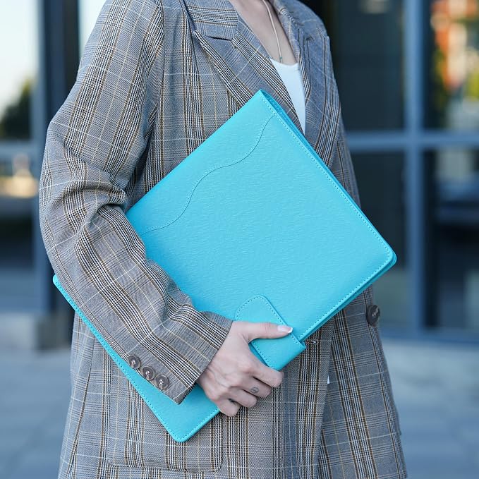 Wonderpool A4 PU Leather 3 & 4 Ring Holder Writing Portfolio Multi Document Case with Removable Binder Clipboard and Functional Pocket for Organizer Office Travel School (Cyan)
