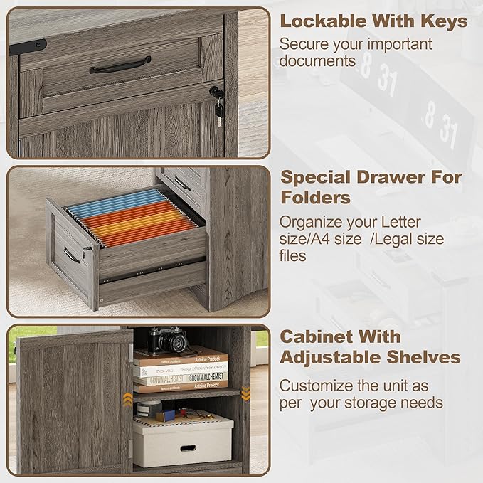 Decofy 67" L-Shaped Standing Desk, File Cabinet & Charging Station, Grey | Four Drawers, File Cabinet, Farmhouse Corner Desk, Wood Workstation, Grey Finish, For Home Office, Study and Writing