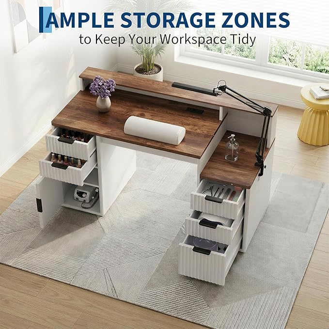 Rectangular Computer Desk with Hutch & Printer Stand, Ripple Door Storage Home Office Desk, Space-Saving Study Writing Desk for Bedroom, Sturdy Board Student Desk with Easy Assembly, Brown & White